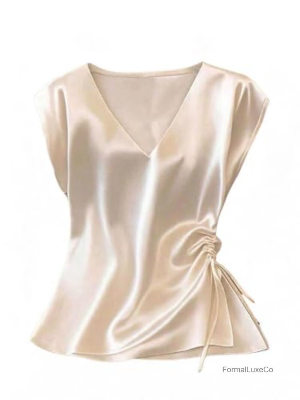 Satin Blouse Elegant V Neck Ruched Drawstring Cap Sleeve Summer Top
